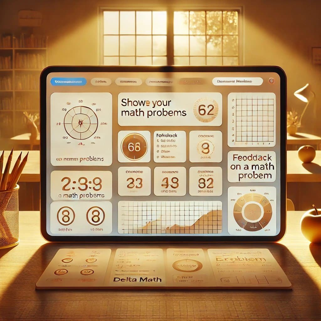 A laptop displaying multiple math problems, representing Delta Math's supportive features for both students and teachers in education.