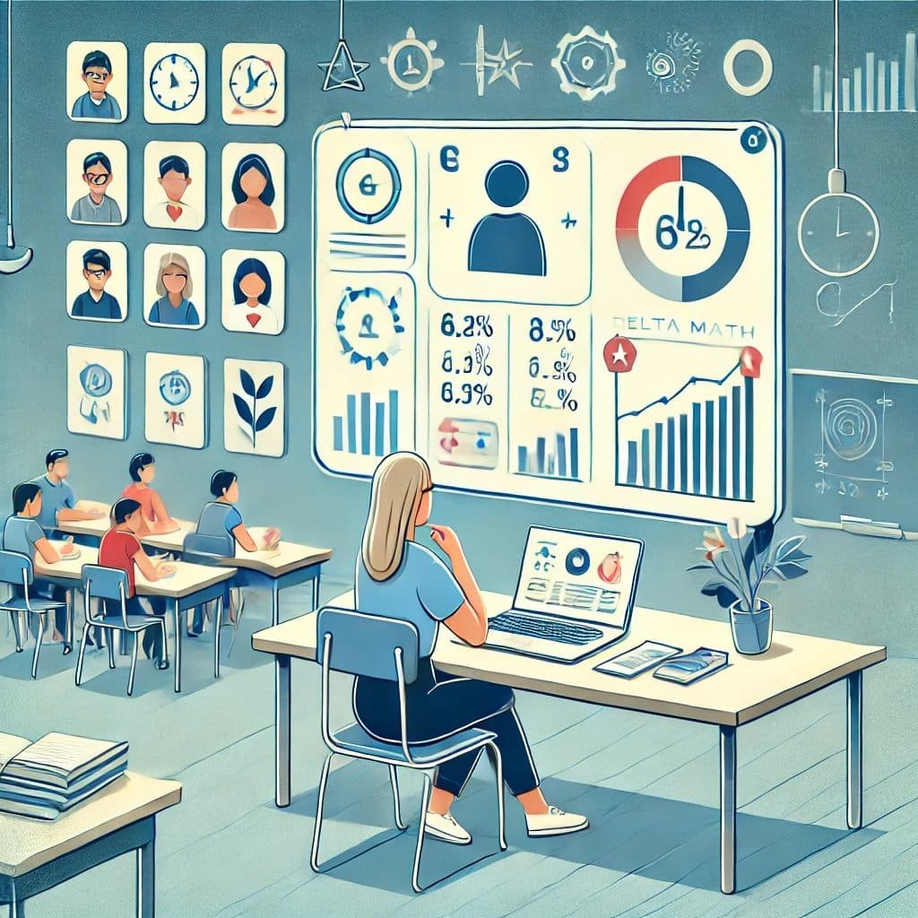 A woman works at her desk with a laptop, analyzing a chart on Delta-Math implementation strategies displayed on the wall.